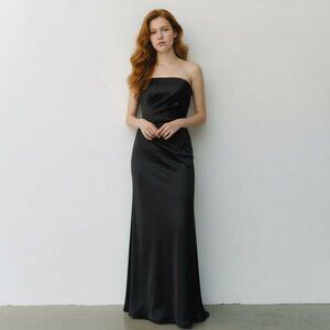 Vintage ABS 90s Y2K USA Made Strapless Evening Dress Black Satin Formal Gown